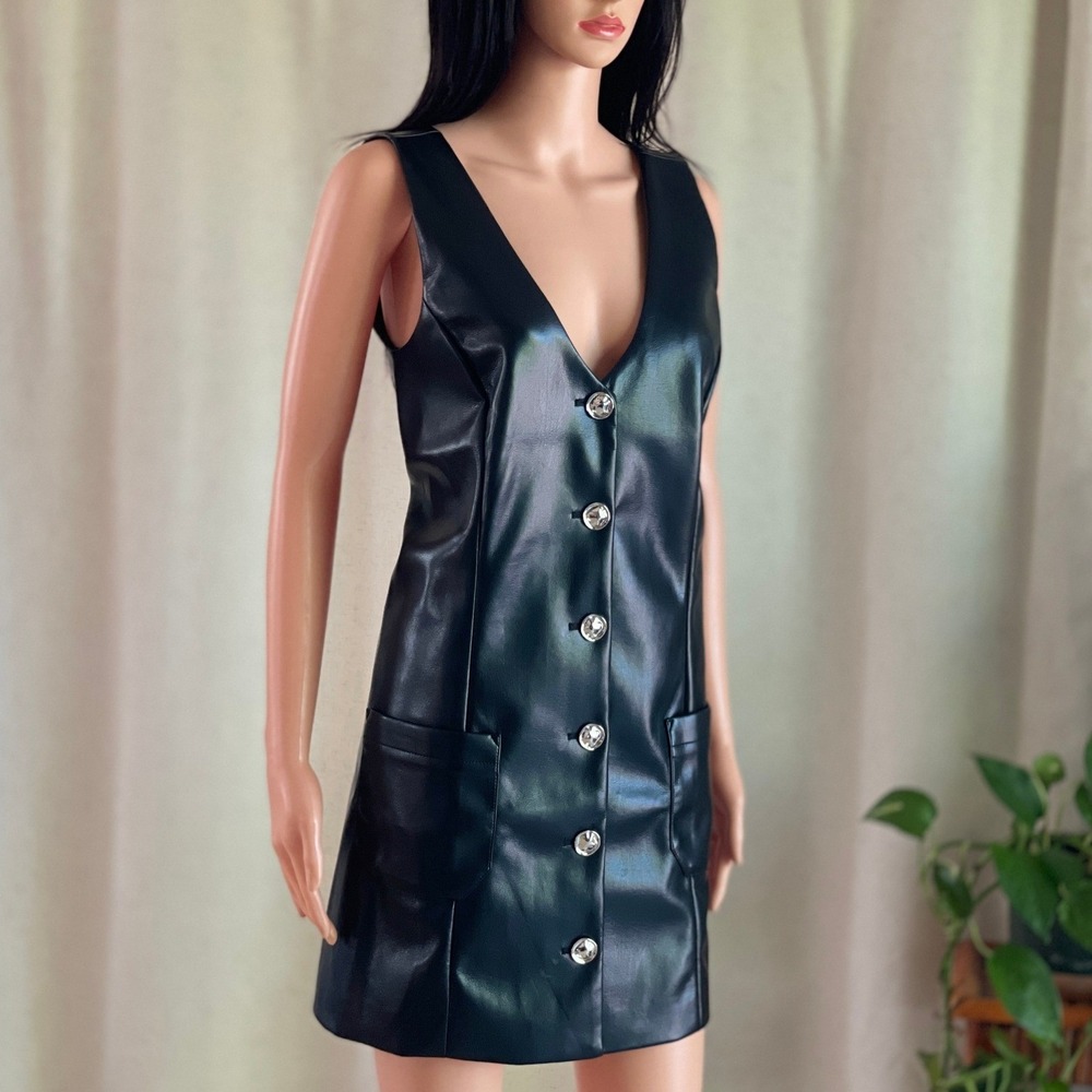 NWT Favorite Daughter Sasha Faux Leather Mini Dress Black Button Front V-Neck S